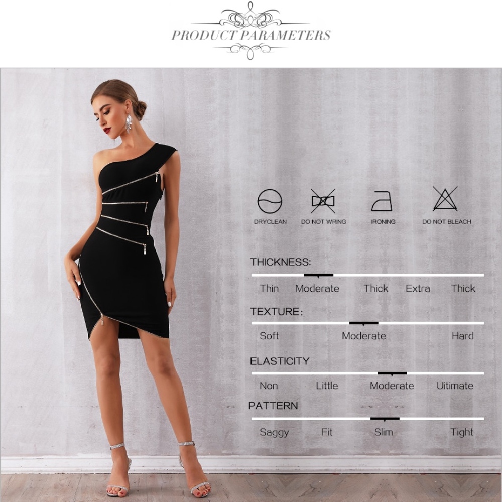 Rouge! Black One-Shoulder Mini Dress with Silver Zipper Accents
